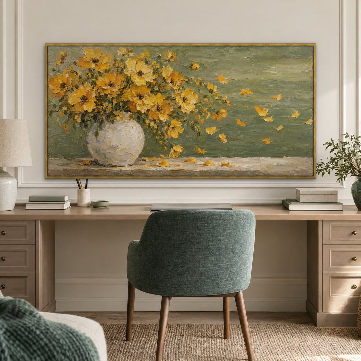 Golden Petal Breeze, yellow floral hand-painted canvas wall art in a home office – Gallery 23
