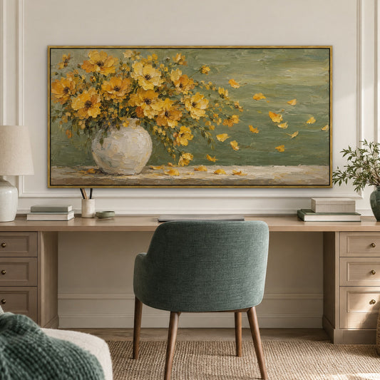 Golden Petal Breeze, yellow floral hand-painted canvas wall art in a home office – Gallery 23