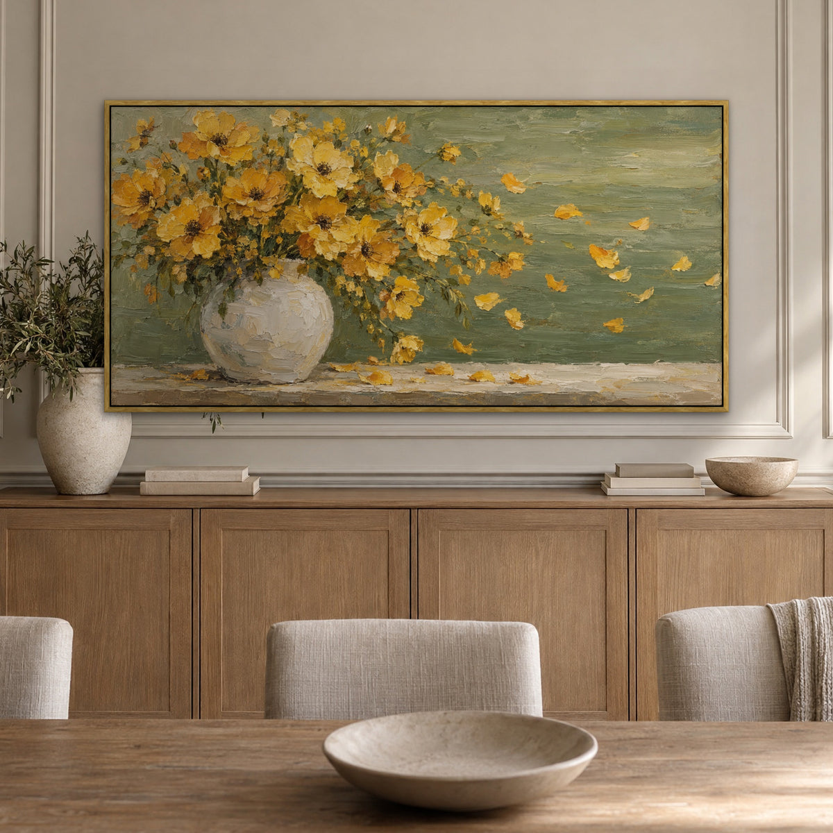 Golden Petal Breeze, yellow floral hand-painted canvas wall art in a dining room – Gallery 23