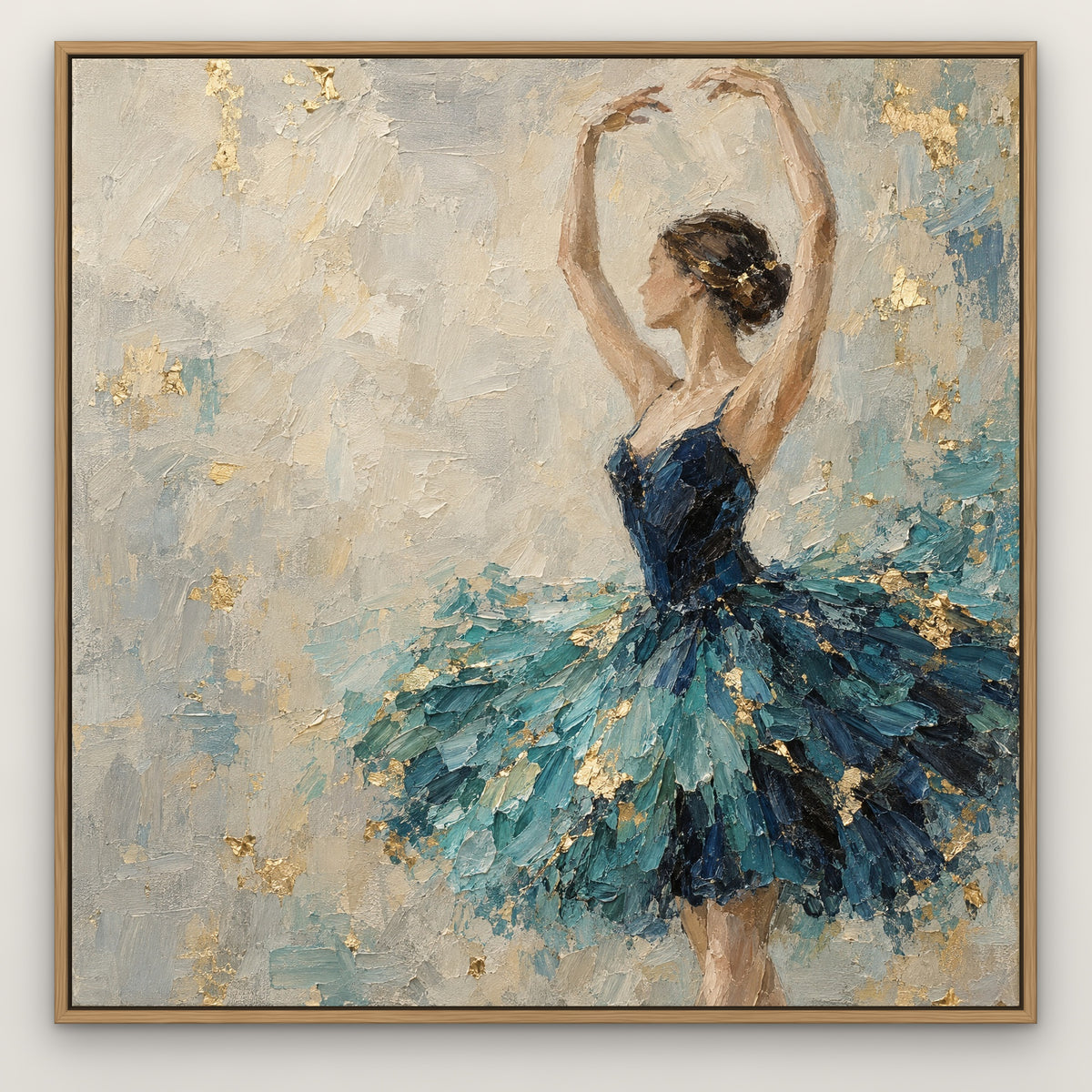 Azure Tutu, blue figurative hand-painted canvas wall art in a slim oak float frame – Gallery 23