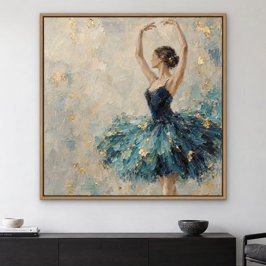 Azure Tutu, blue figurative hand-painted canvas wall art in a living room – Gallery 23