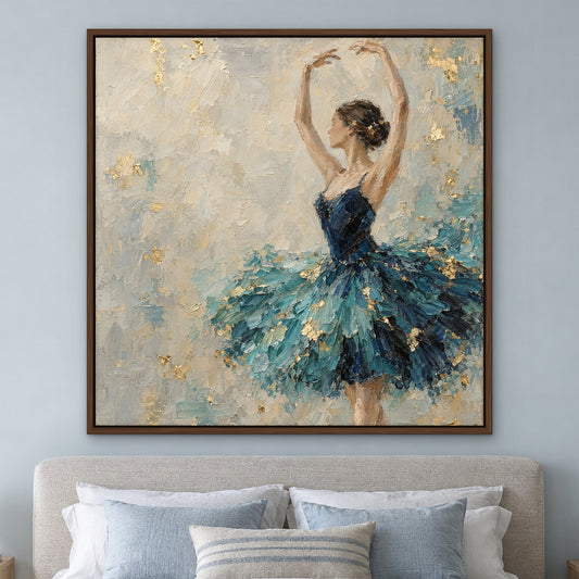 Azure Tutu, blue figurative hand-painted canvas wall art in a bedroom – Gallery 23