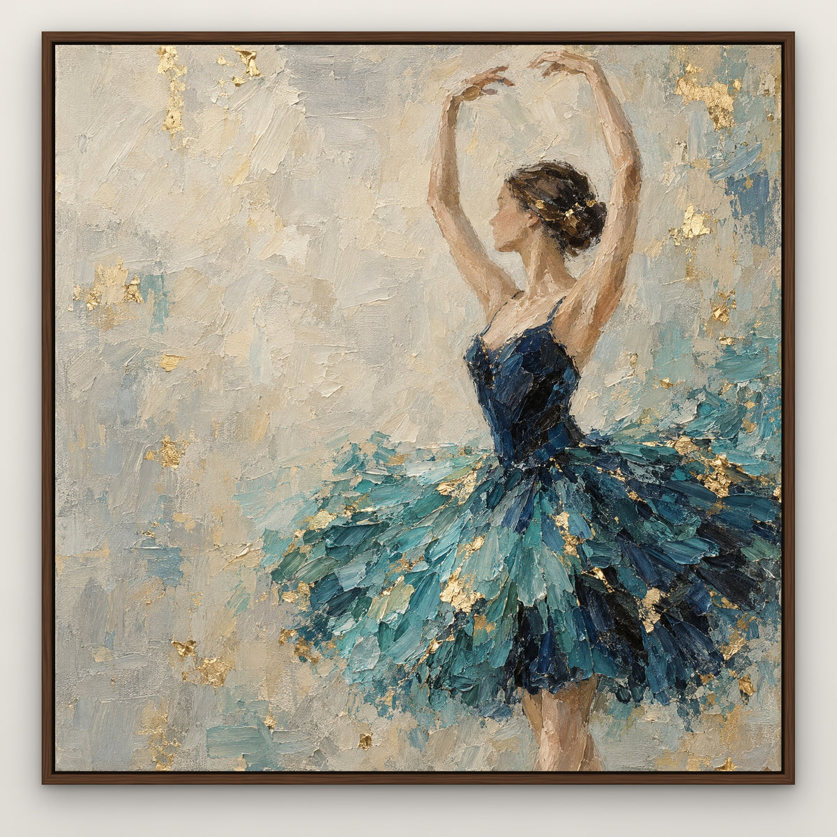 Azure Tutu, blue figurative hand-painted canvas wall art in a slim walnut float frame – Gallery 23