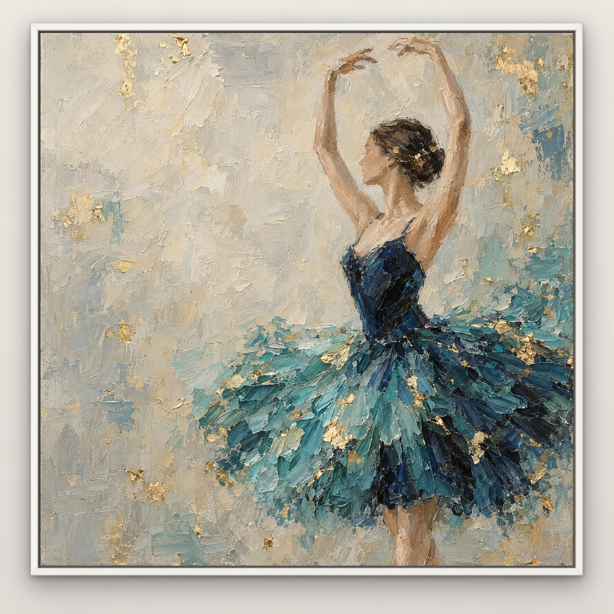 Azure Tutu, blue figurative hand-painted canvas wall art in a slim white float frame – Gallery 23