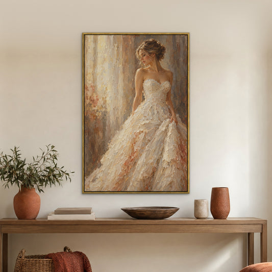 Bride in Bronze Light, neutral figurative hand-painted canvas wall art in a hallway – Gallery 23