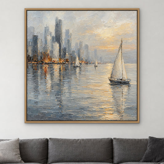 Misty Skyline Sails, grey cityscape hand-painted canvas wall art in a living room – Gallery 23