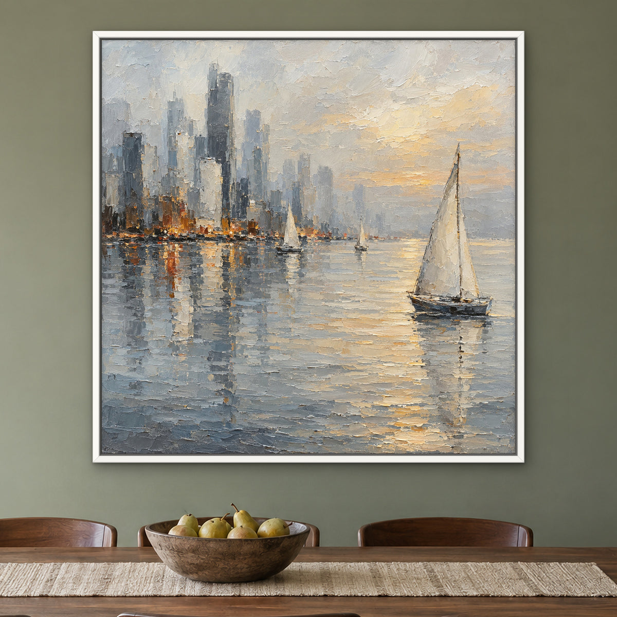 Misty Skyline Sails, grey cityscape hand-painted canvas wall art in a dining room – Gallery 23