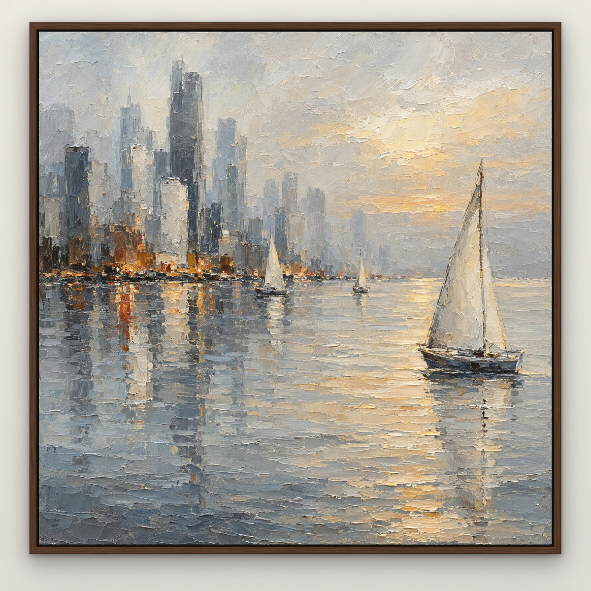 Misty Skyline Sails, grey cityscape hand-painted canvas wall art in a slim walnut float frame – Gallery 23