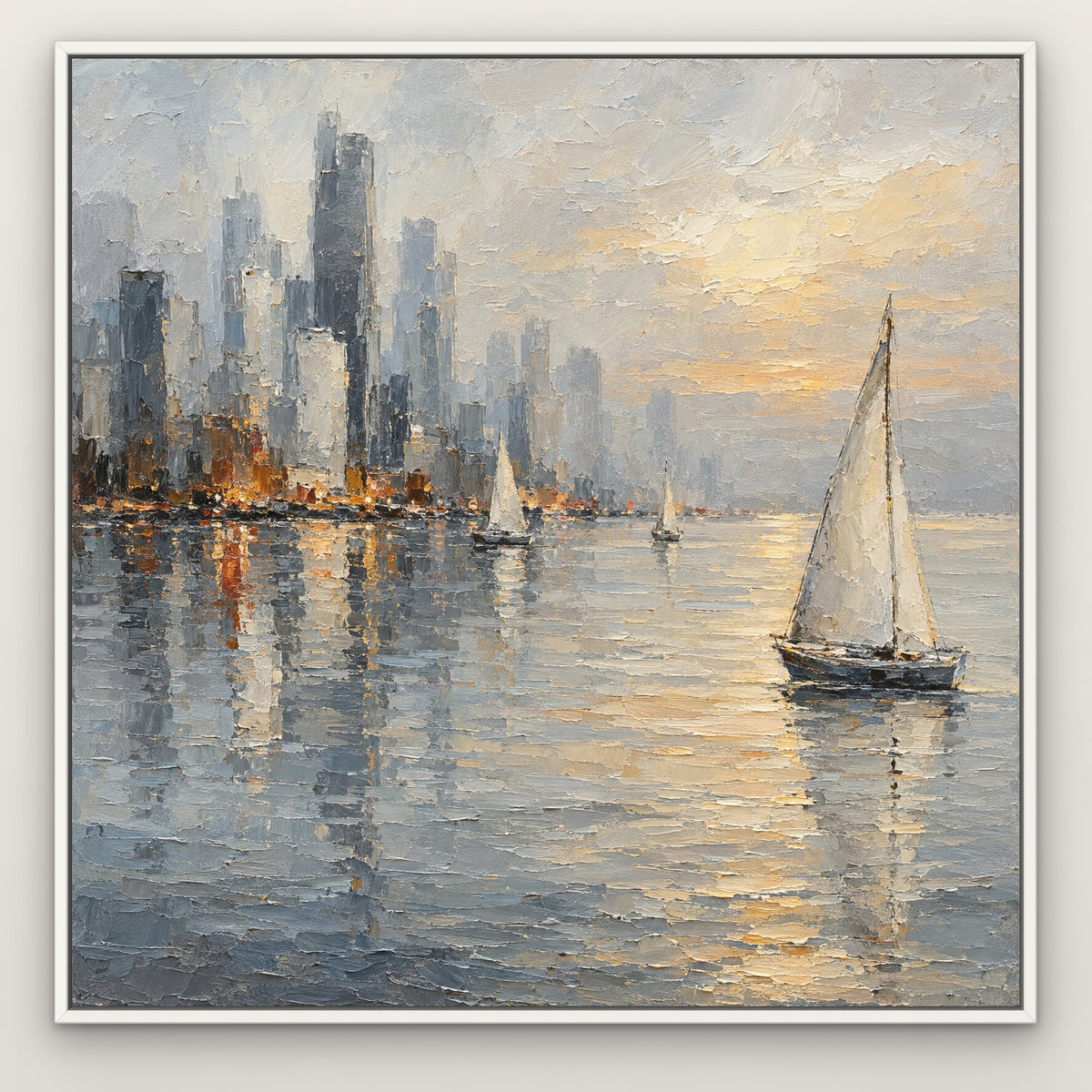 Misty Skyline Sails, grey cityscape hand-painted canvas wall art in a slim white float frame – Gallery 23