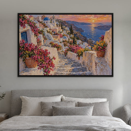 Cliffside Blossom Village, colourful coastal hand-painted canvas wall art in a bedroom – Gallery 23