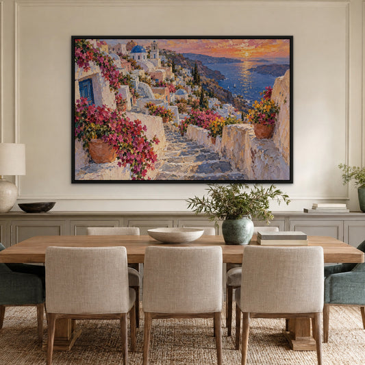 Cliffside Blossom Village, colourful coastal hand-painted canvas wall art in a dining room – Gallery 23