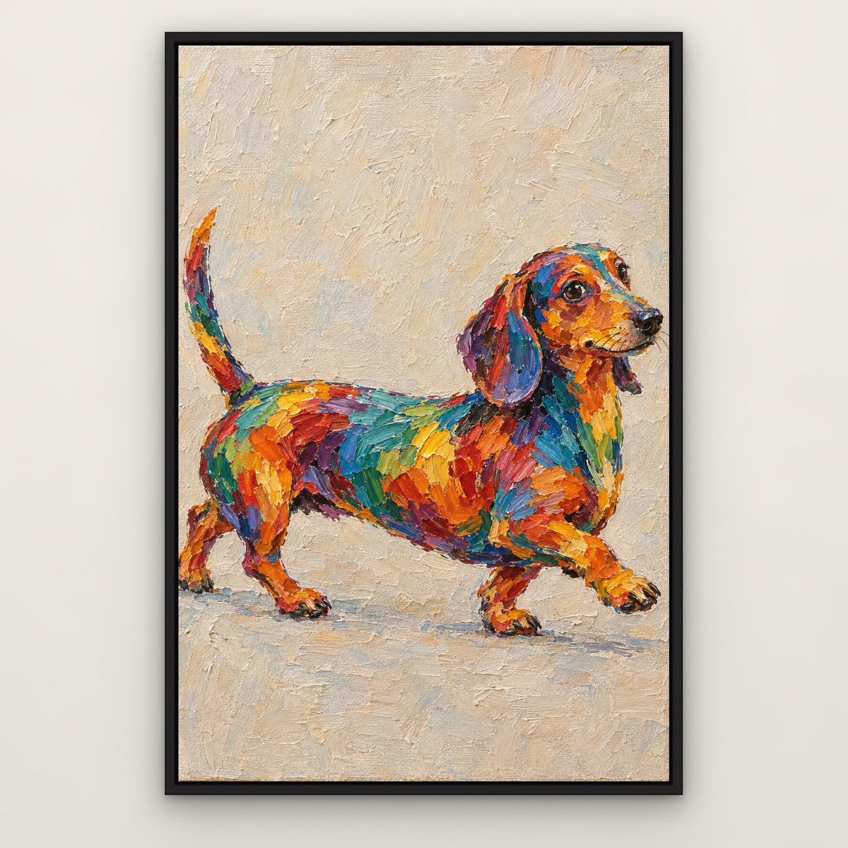 Rainbow Dachshund, colourful animal hand-painted canvas wall art in a slim black float frame – Gallery 23