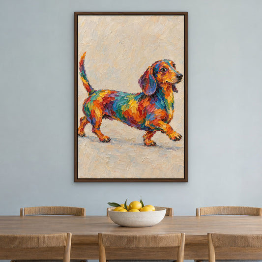 Rainbow Dachshund, colourful animal hand-painted canvas wall art in a dining room – Gallery 23