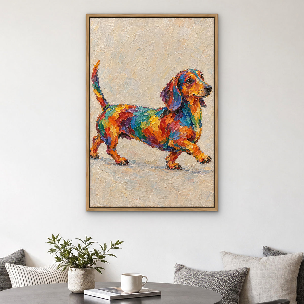 Rainbow Dachshund, colourful animal hand-painted canvas wall art in a kitchen nook – Gallery 23