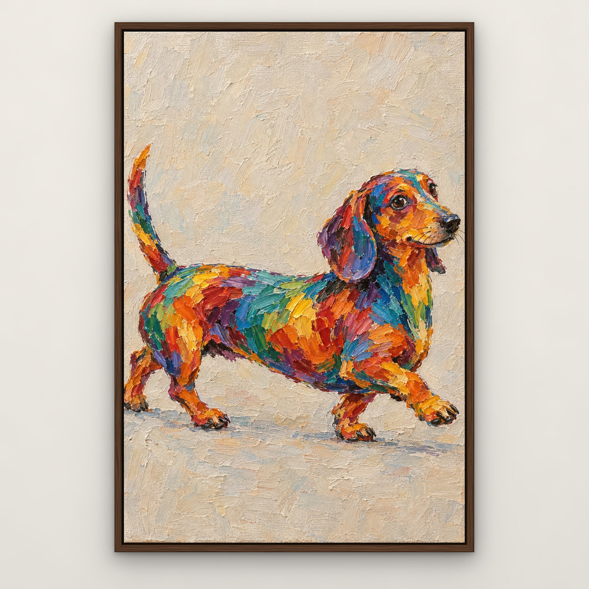Rainbow Dachshund, colourful animal hand-painted canvas wall art in a slim walnut float frame – Gallery 23