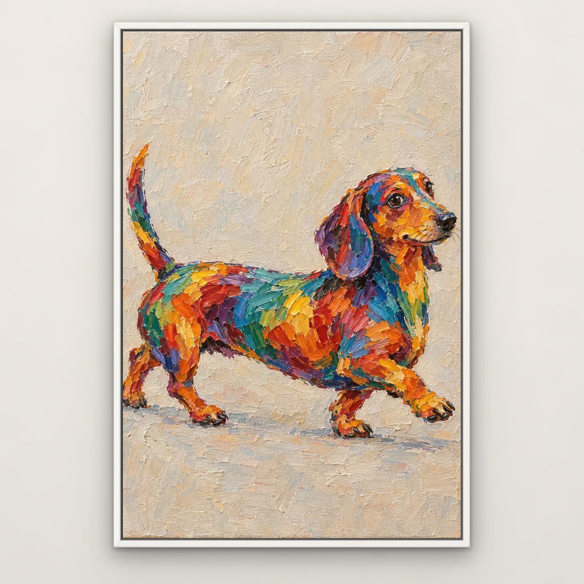 Rainbow Dachshund, colourful animal hand-painted canvas wall art in a slim white float frame – Gallery 23