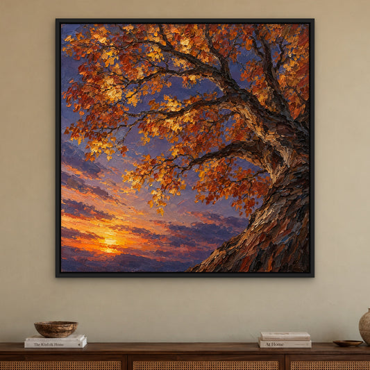 Golden Canopy Sky, orange landscape hand-painted canvas wall art in a living room – Gallery 23