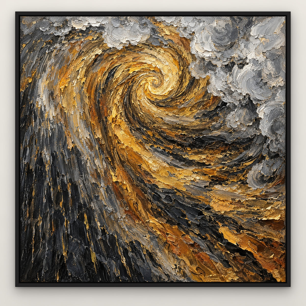 Gilded Storm, gold abstract hand-painted canvas wall art in a slim black float frame – Gallery 23