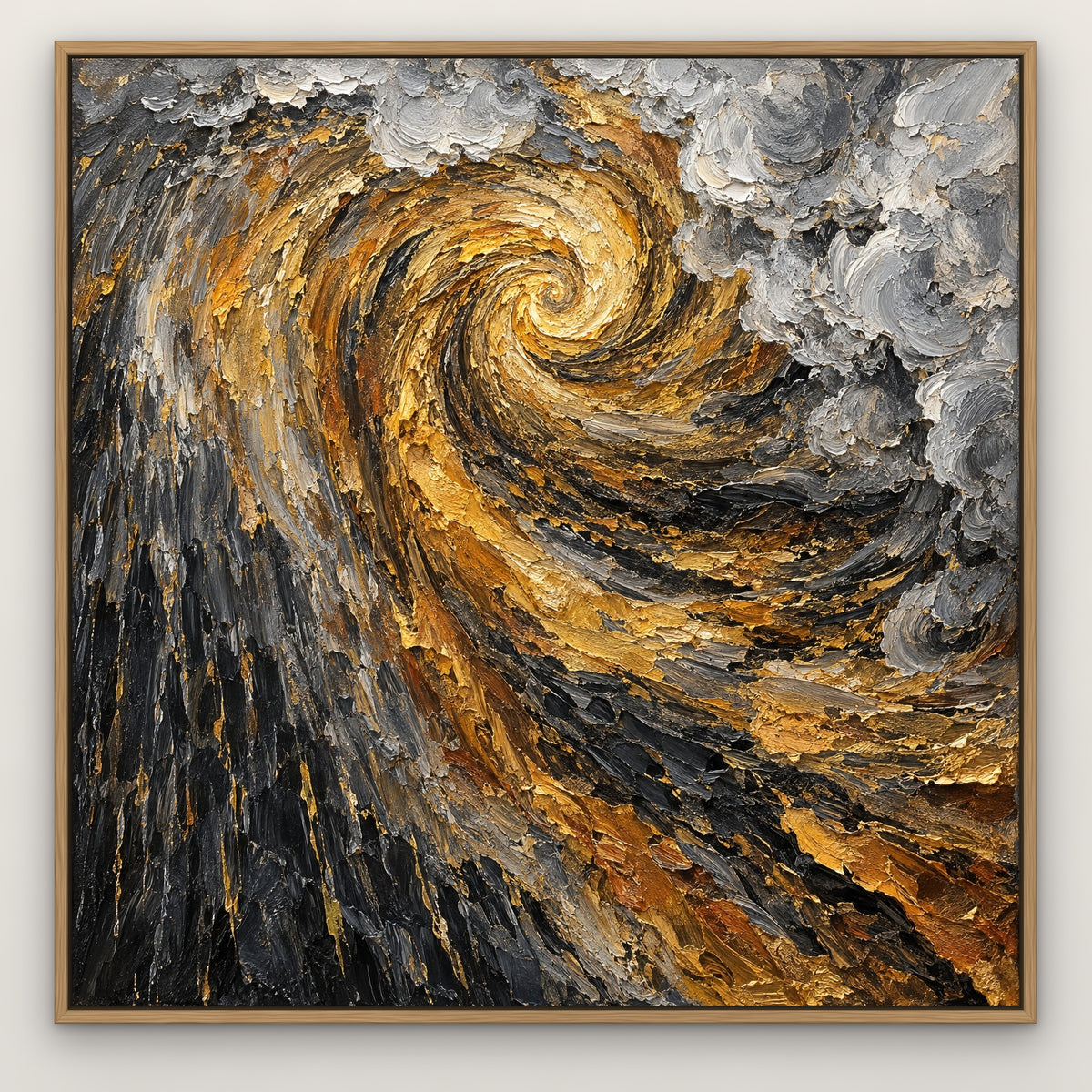 Gilded Storm, gold abstract hand-painted canvas wall art in a slim oak float frame – Gallery 23