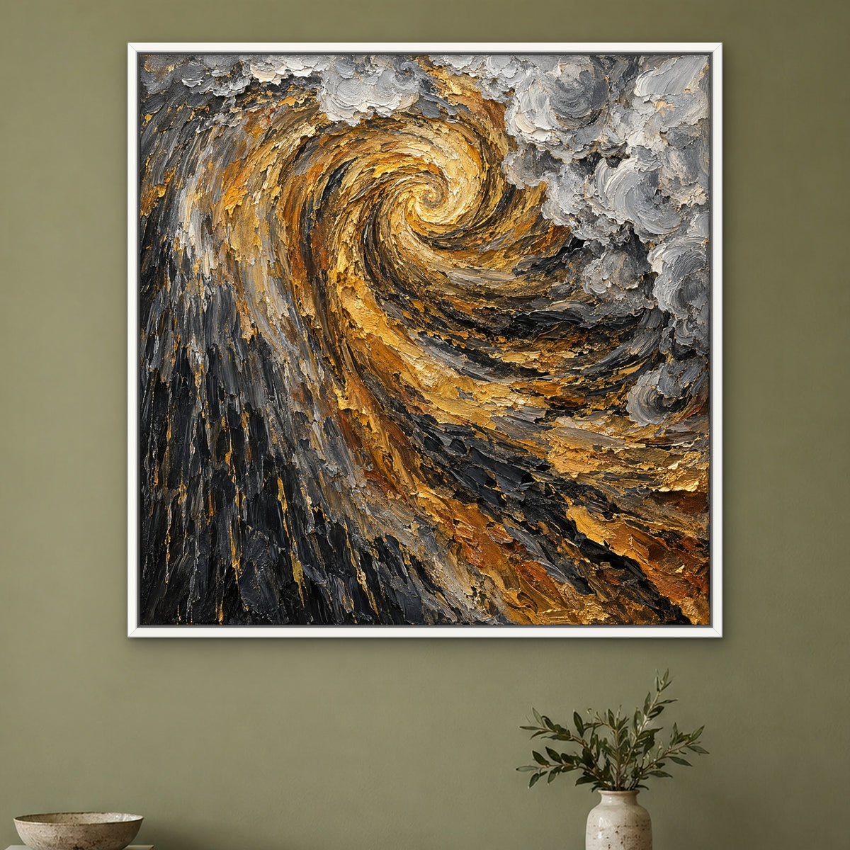 Gilded Storm, gold abstract hand-painted canvas wall art in a hallway – Gallery 23
