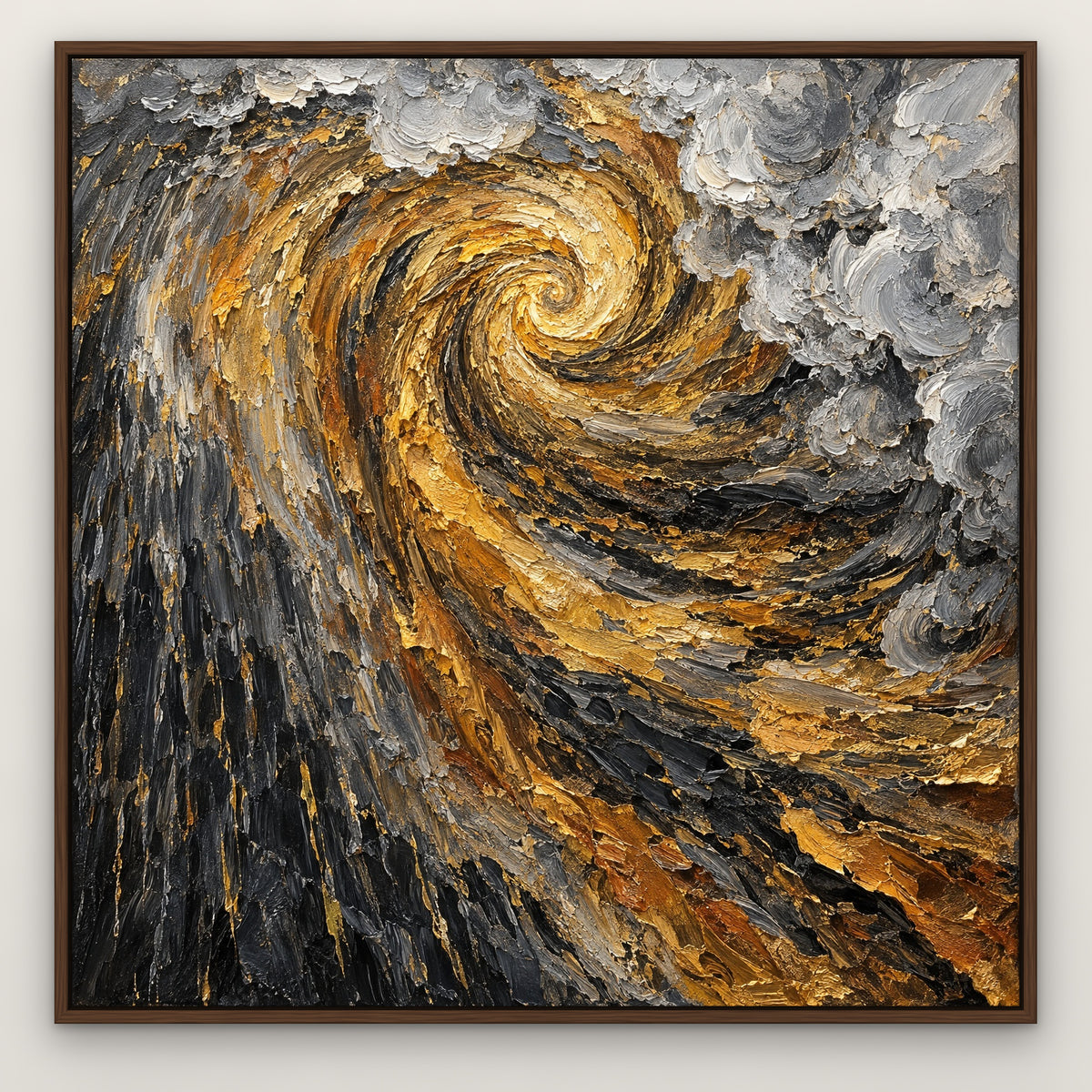 Gilded Storm, gold abstract hand-painted canvas wall art in a slim walnut float frame – Gallery 23