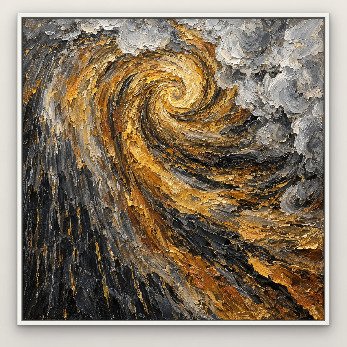 Gilded Storm, gold abstract hand-painted canvas wall art in a slim white float frame – Gallery 23