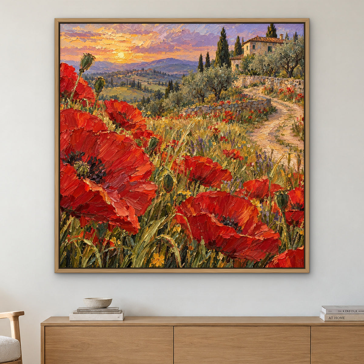 Poppy Path Villa, green landscape hand-painted canvas wall art in a living room – Gallery 23