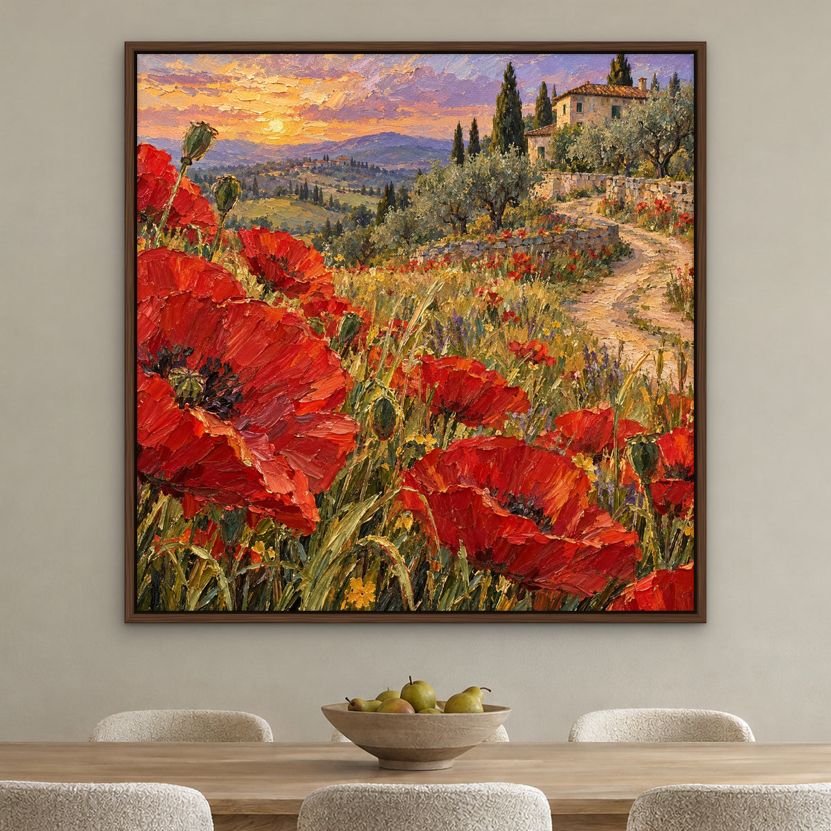 Poppy Path Villa, green landscape hand-painted canvas wall art in a dining room – Gallery 23