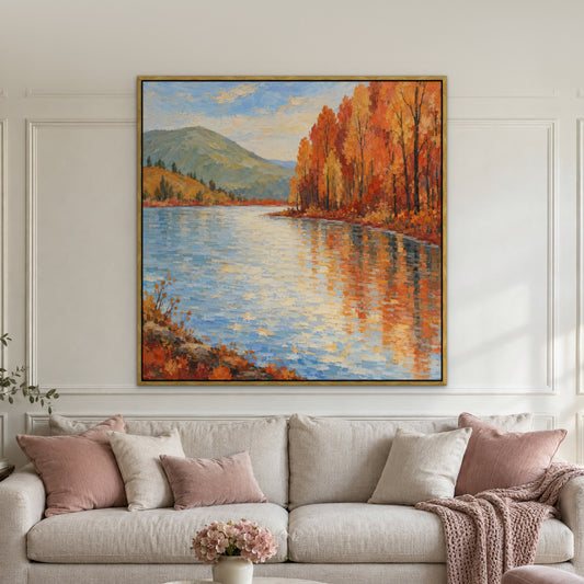 Coral Grove Lake, orange abstract hand-painted canvas wall art in a living room – Gallery 23
