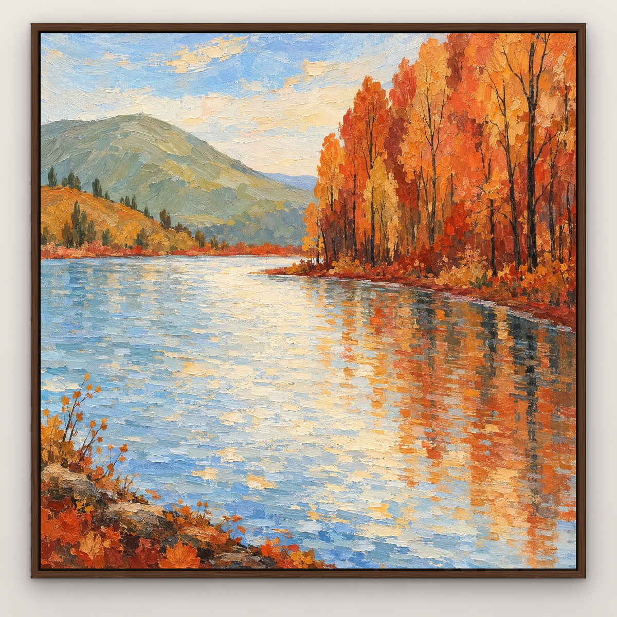 Coral Grove Lake, orange abstract hand-painted canvas wall art in a slim walnut float frame – Gallery 23