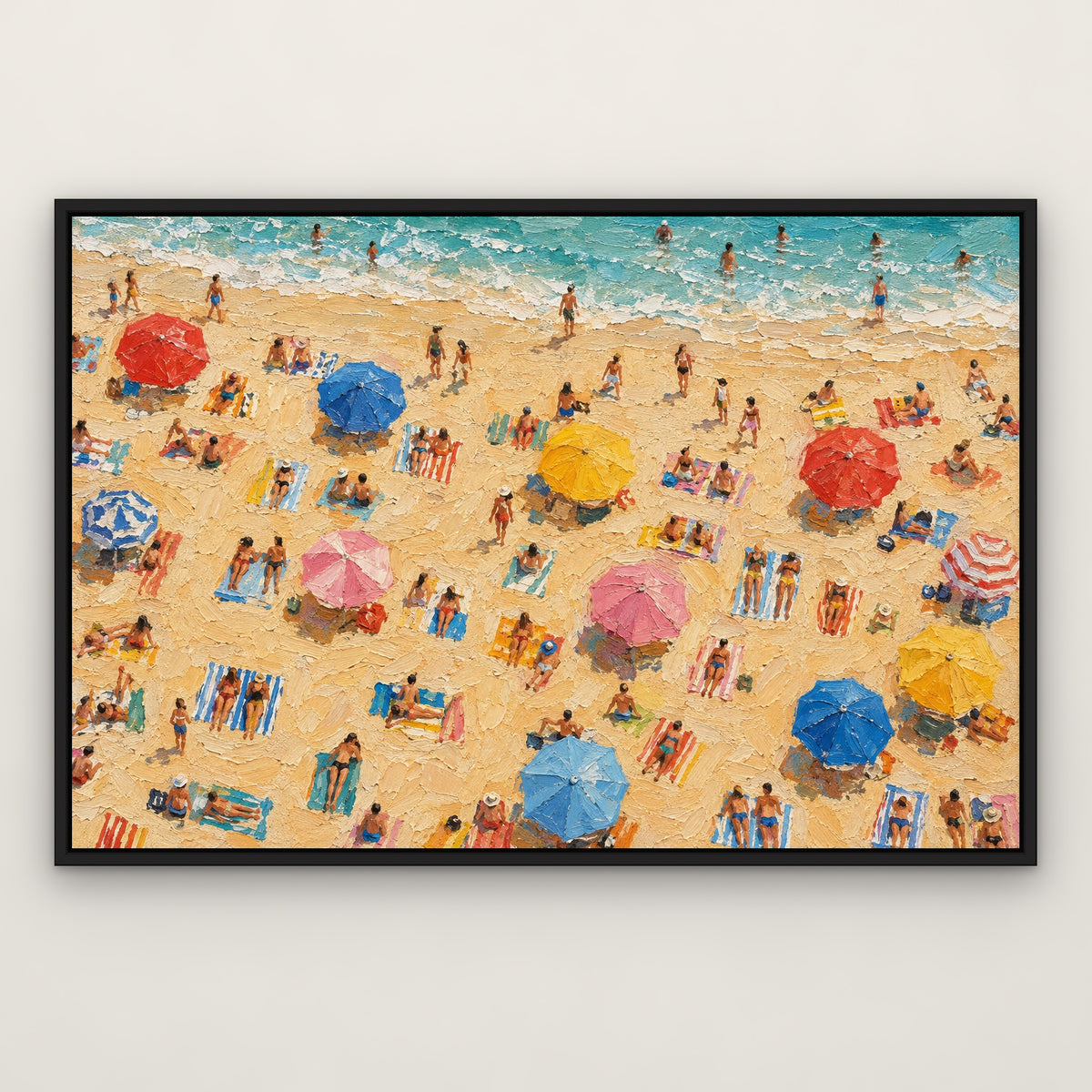 Sunbathers' Shore, colourful coastal hand-painted canvas wall art in a slim black float frame – Gallery 23