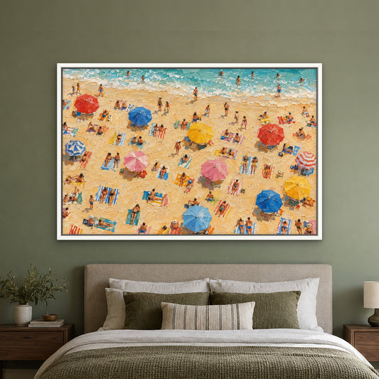 Sunbathers' Shore, colourful coastal hand-painted canvas wall art in a bedroom – Gallery 23