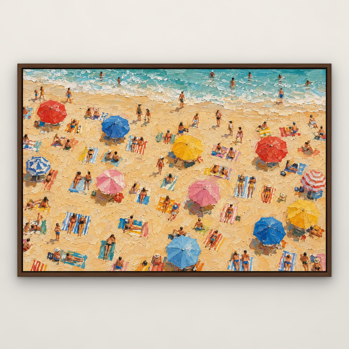 Sunbathers' Shore, colourful coastal hand-painted canvas wall art in a slim walnut float frame – Gallery 23