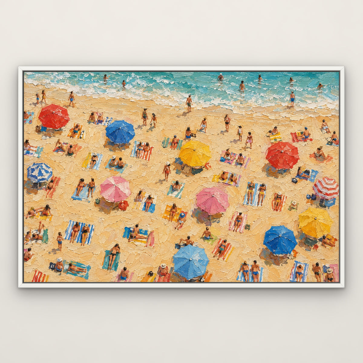 Sunbathers' Shore, colourful coastal hand-painted canvas wall art in a slim white float frame – Gallery 23