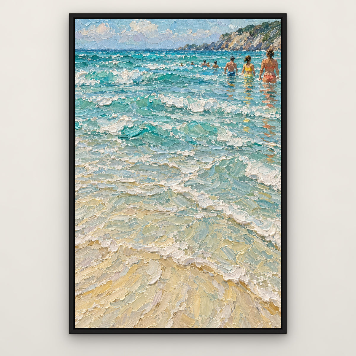 Swimmers in the Shallows, blue coastal hand-painted canvas wall art in a slim black float frame – Gallery 23