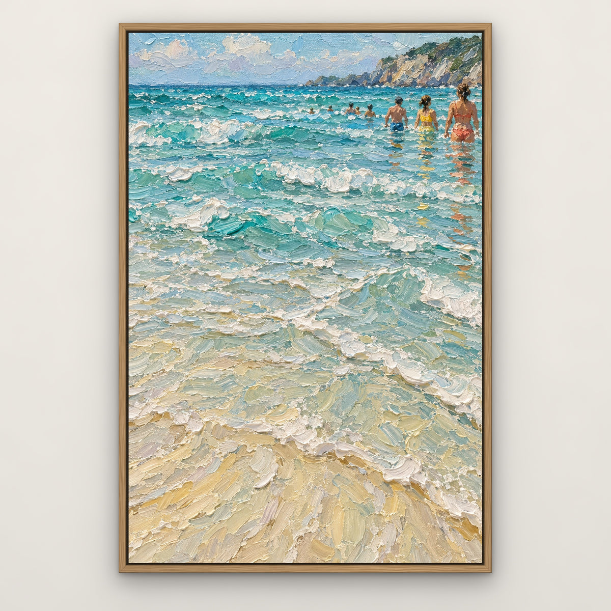 Swimmers in the Shallows, blue coastal hand-painted canvas wall art in a slim oak float frame – Gallery 23