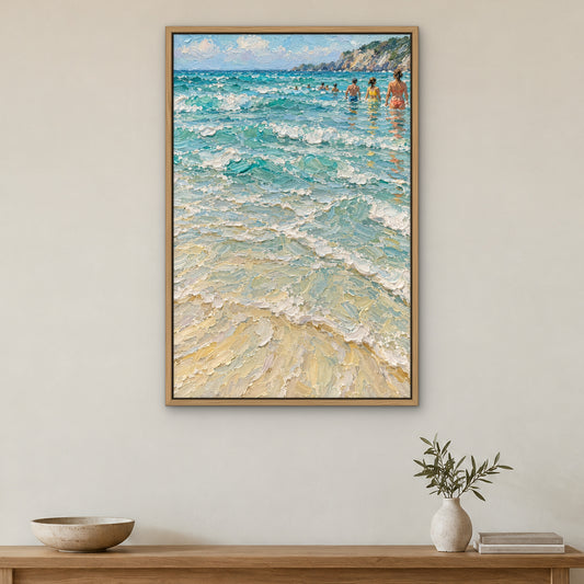 Swimmers in the Shallows, blue coastal hand-painted canvas wall art in a hallway – Gallery 23