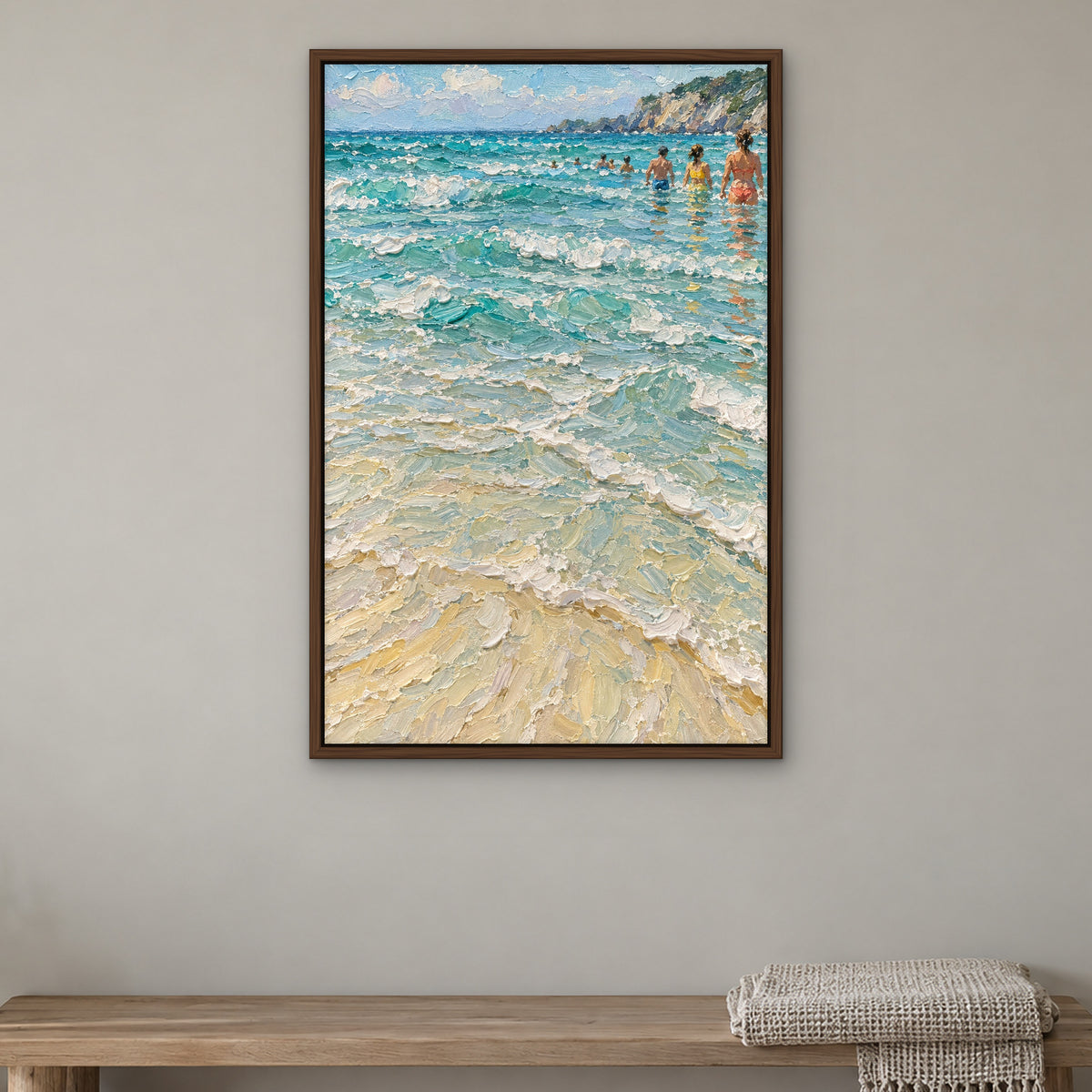 Swimmers in the Shallows, blue coastal hand-painted canvas wall art in a bedroom – Gallery 23