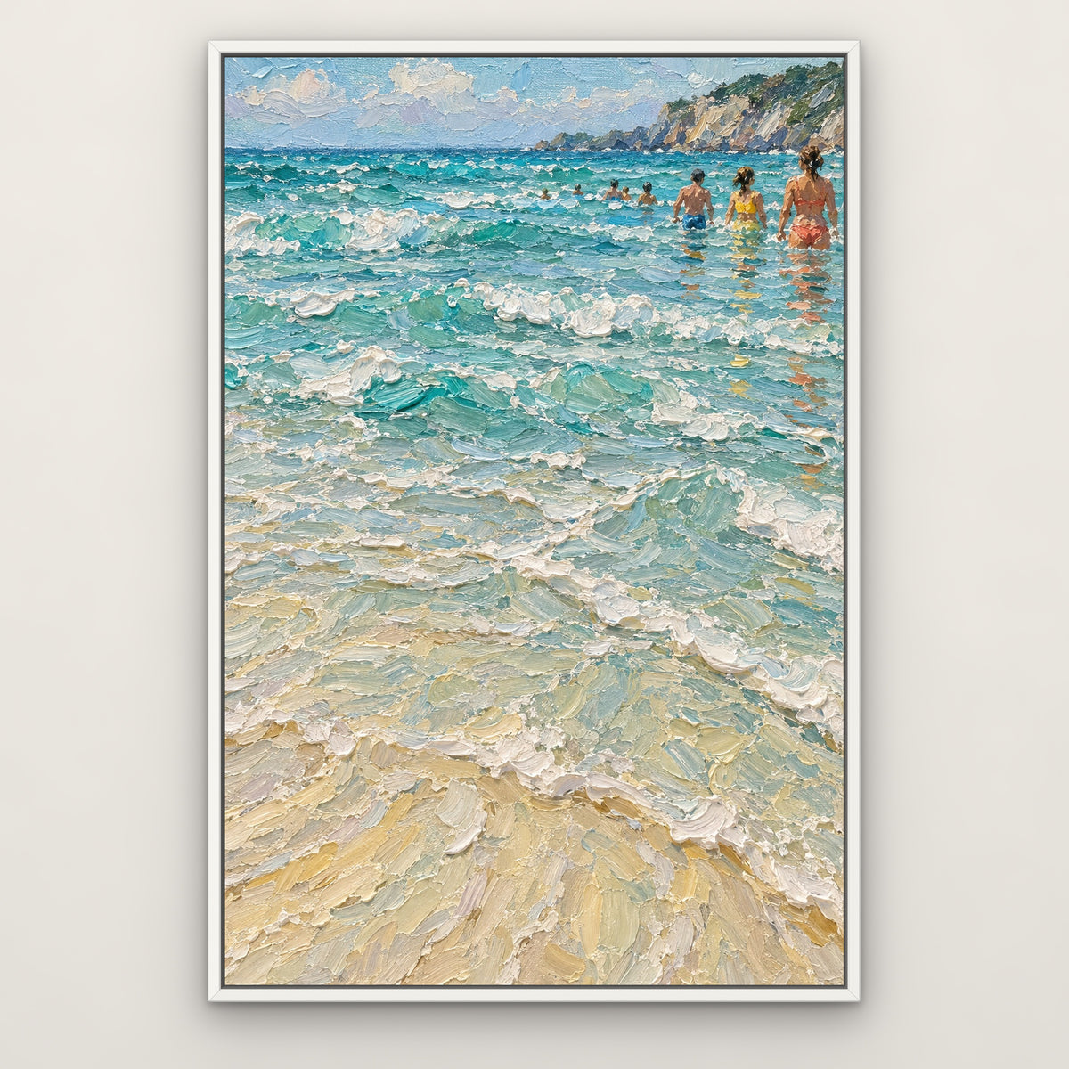 Swimmers in the Shallows, blue coastal hand-painted canvas wall art in a slim white float frame – Gallery 23