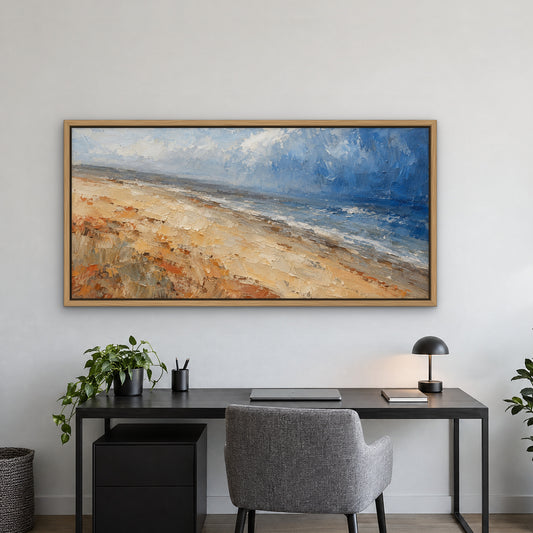 Cobalt Shore Haze, blue abstract hand-painted canvas wall art in a home office – Gallery 23