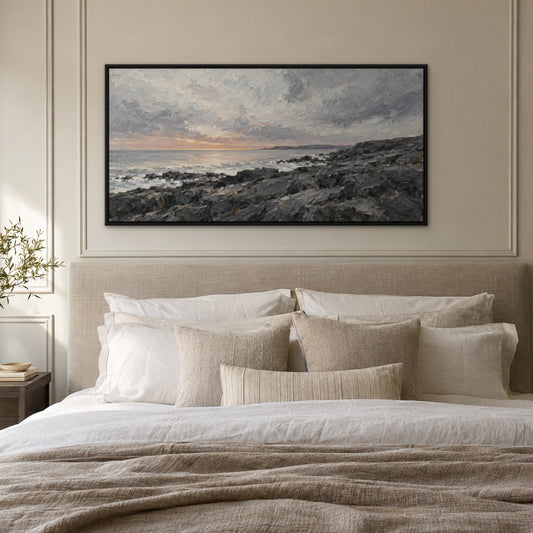Charcoal Shore, grey seascape hand-painted canvas wall art in a bedroom – Gallery 23