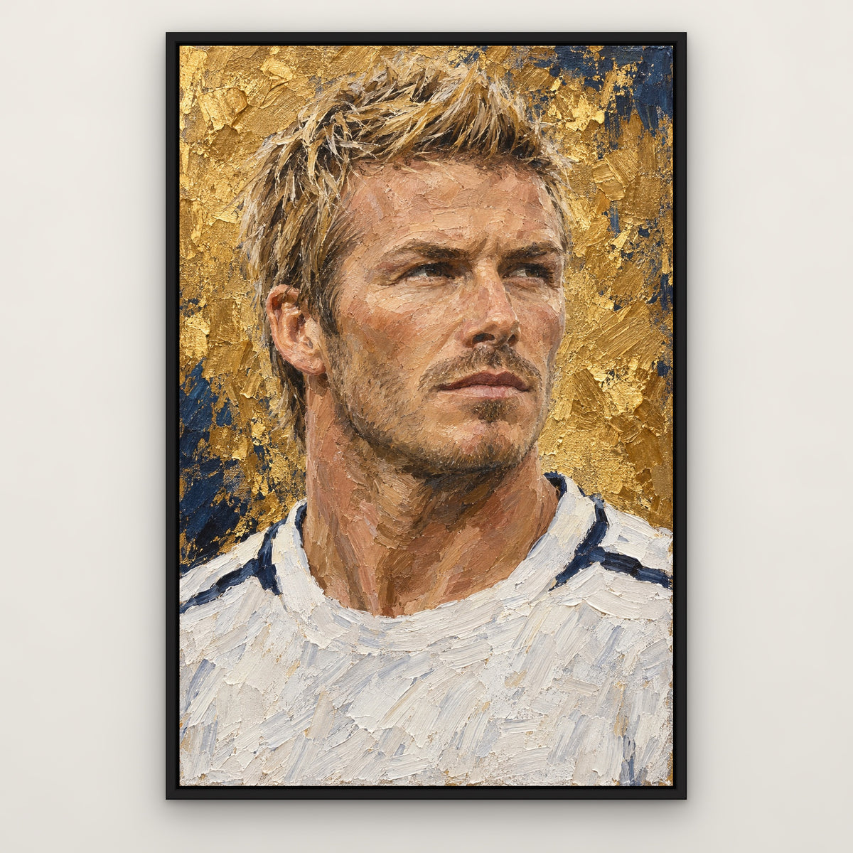Beckham, blue portrait hand-painted canvas wall art in a slim black float frame – Gallery 23