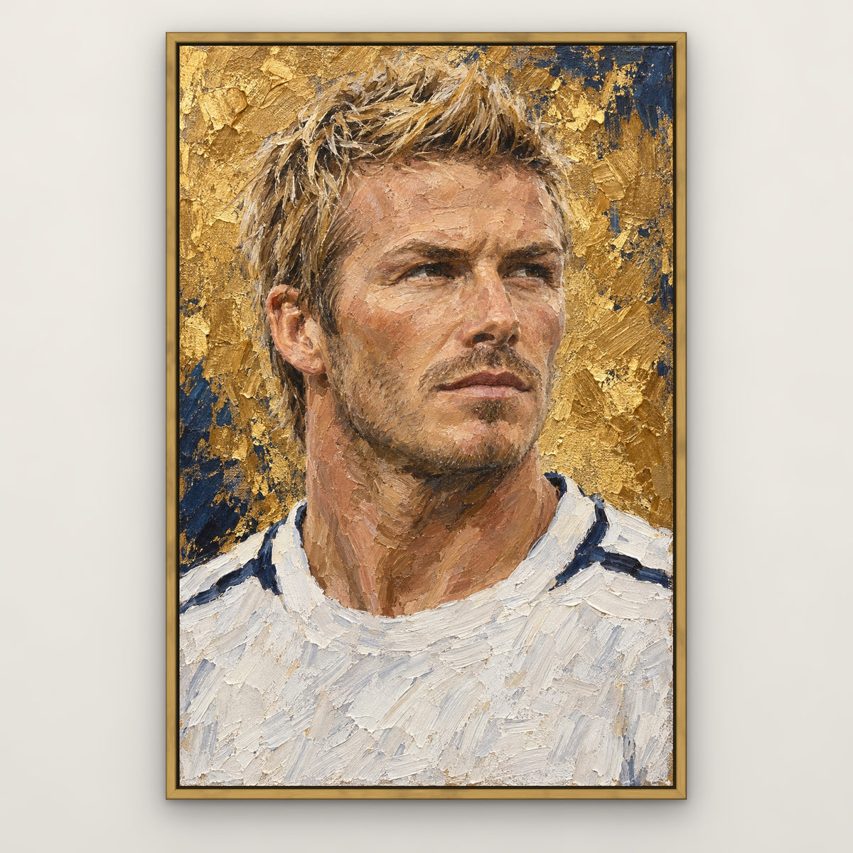 Beckham, blue portrait hand-painted canvas wall art in a slim antique gold float frame – Gallery 23