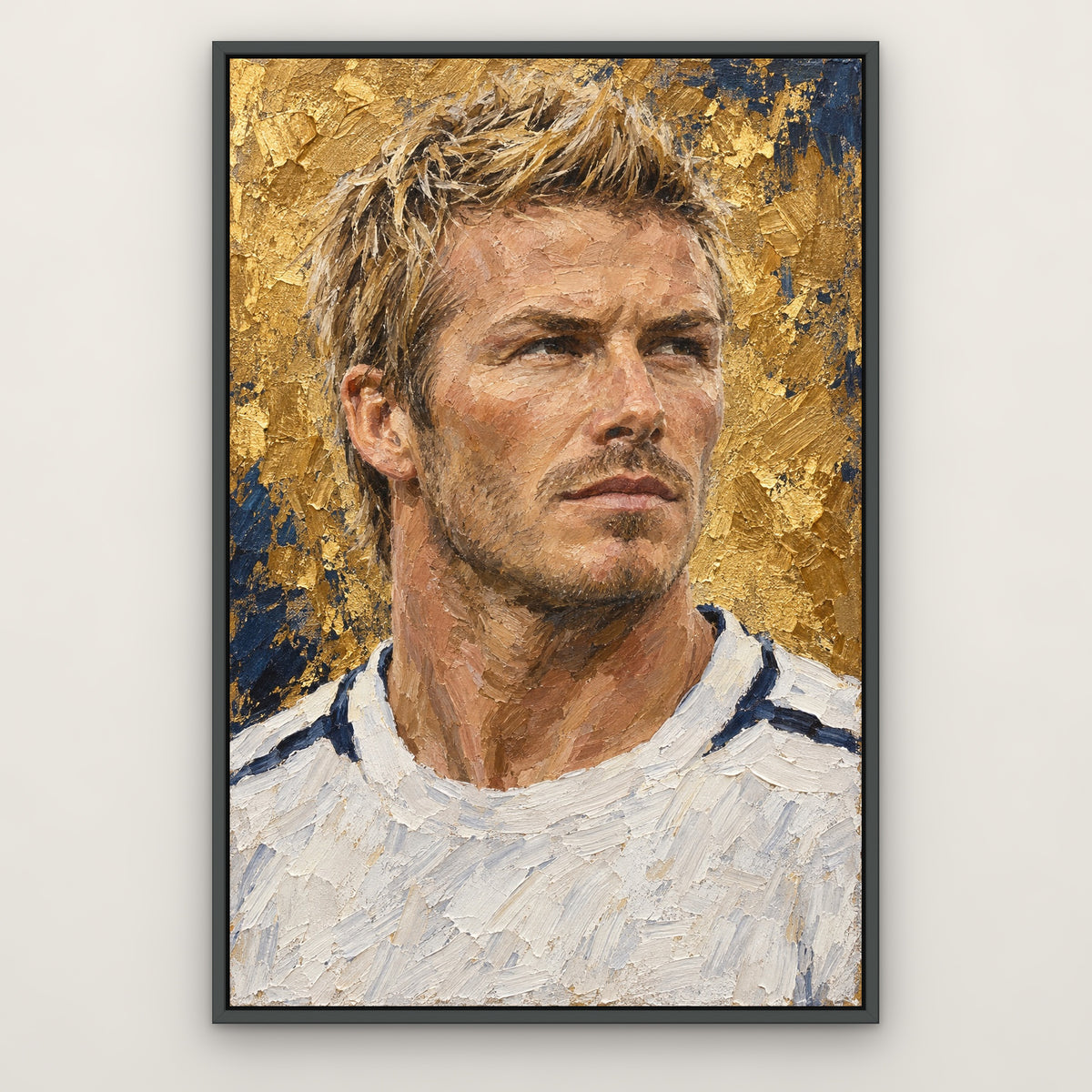 Beckham, blue portrait hand-painted canvas wall art in a slim dark grey float frame – Gallery 23