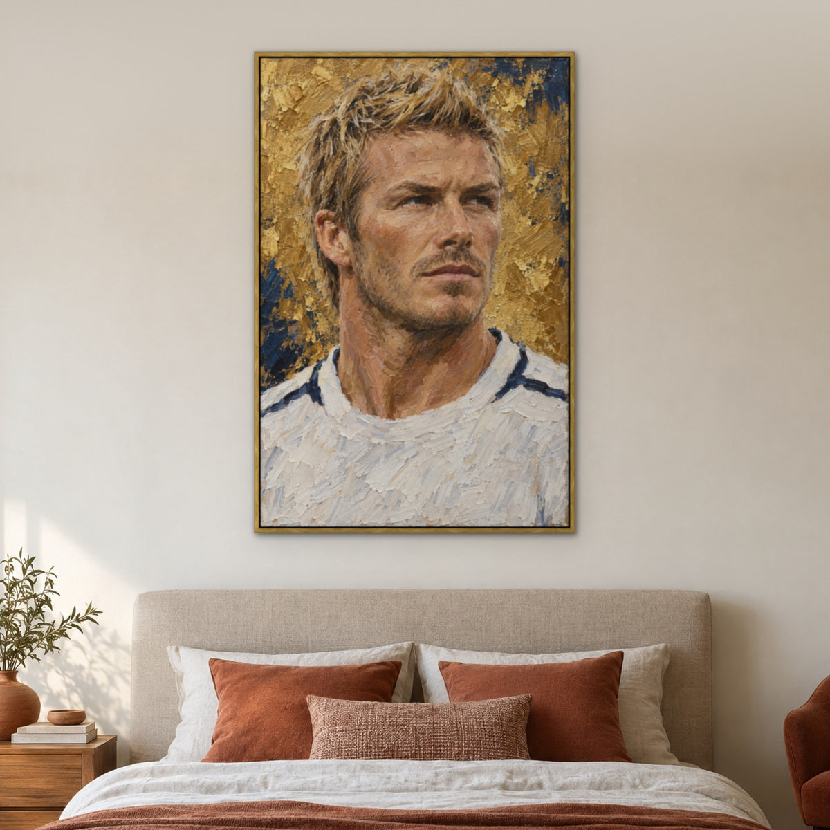 Beckham, blue portrait hand-painted canvas wall art in a bedroom – Gallery 23