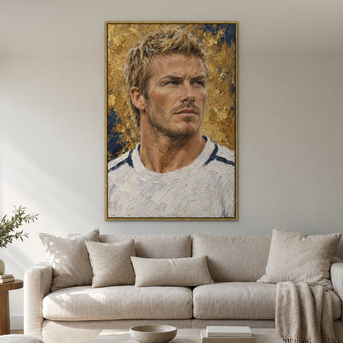 Beckham, blue portrait hand-painted canvas wall art in a living room – Gallery 23
