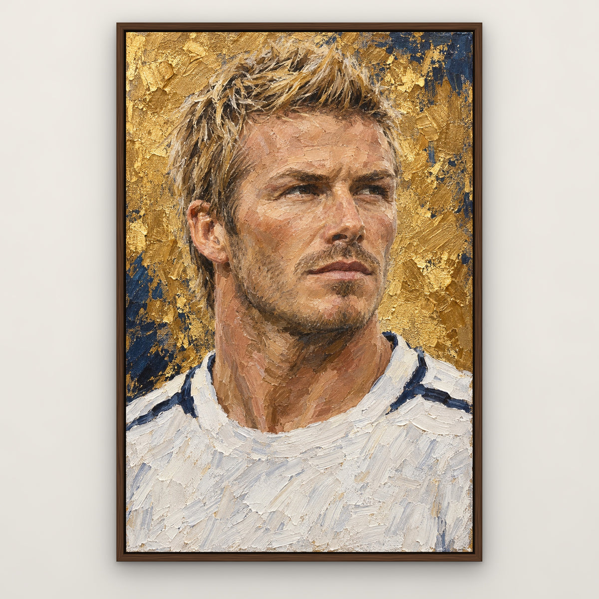 Beckham, blue portrait hand-painted canvas wall art in a slim walnut float frame – Gallery 23