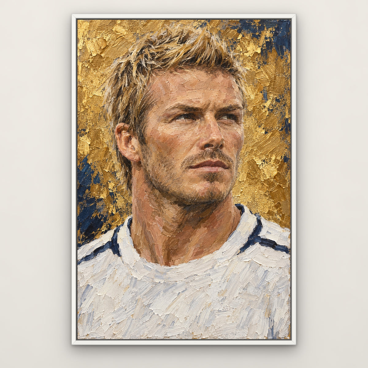 Beckham, blue portrait hand-painted canvas wall art in a slim white float frame – Gallery 23