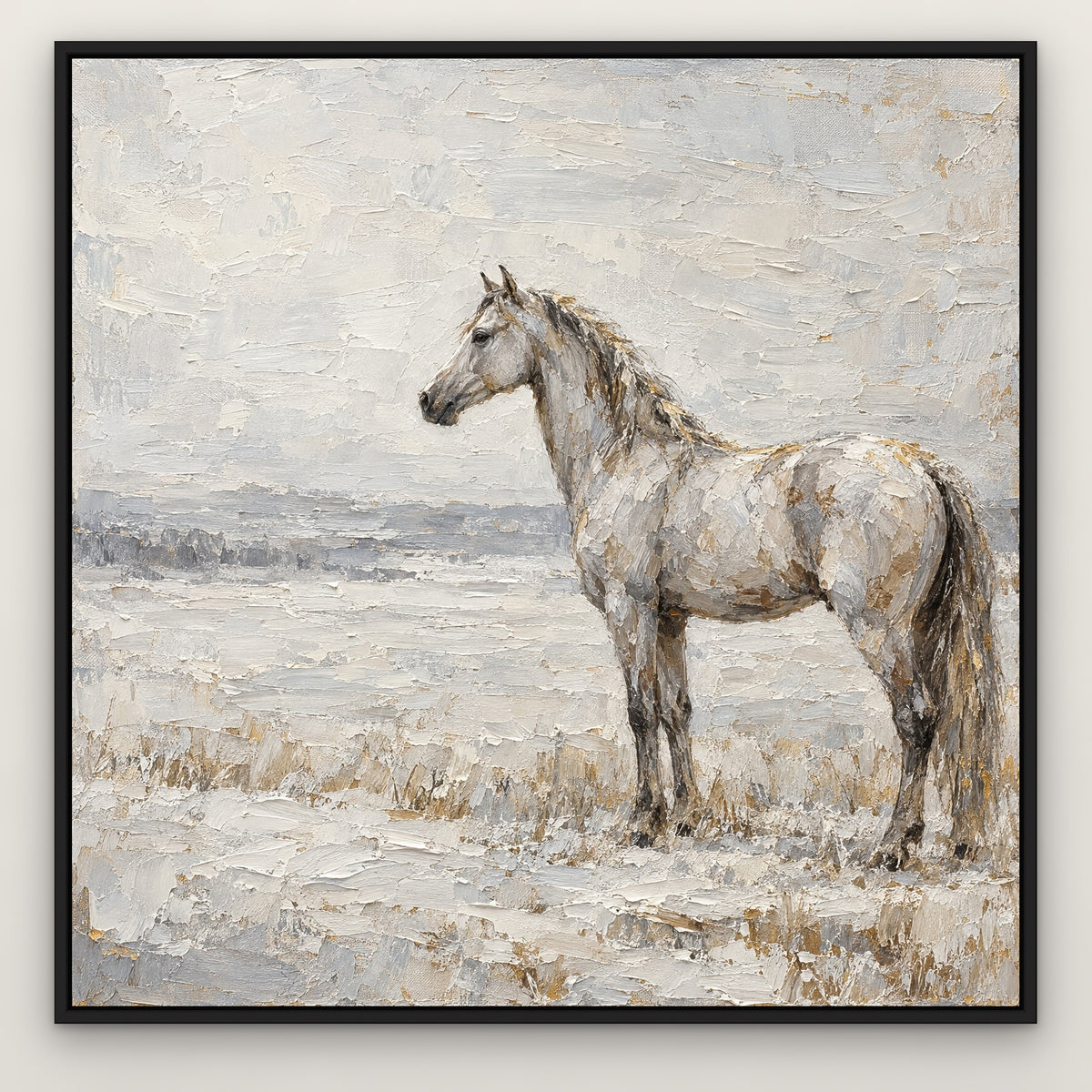 Silver Mare, brown animal hand-painted canvas wall art in a slim black float frame – Gallery 23