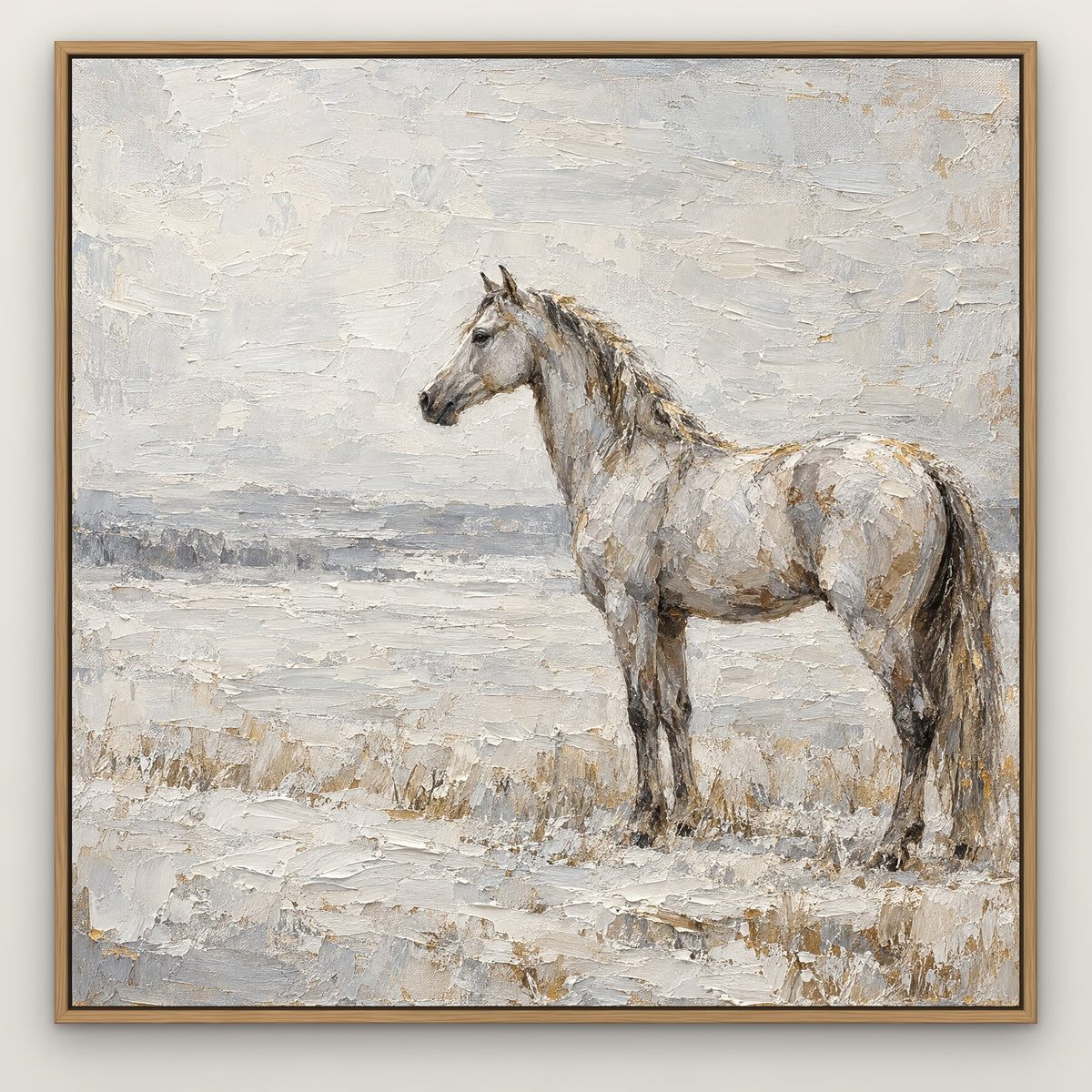 Silver Mare, brown animal hand-painted canvas wall art in a slim oak float frame – Gallery 23